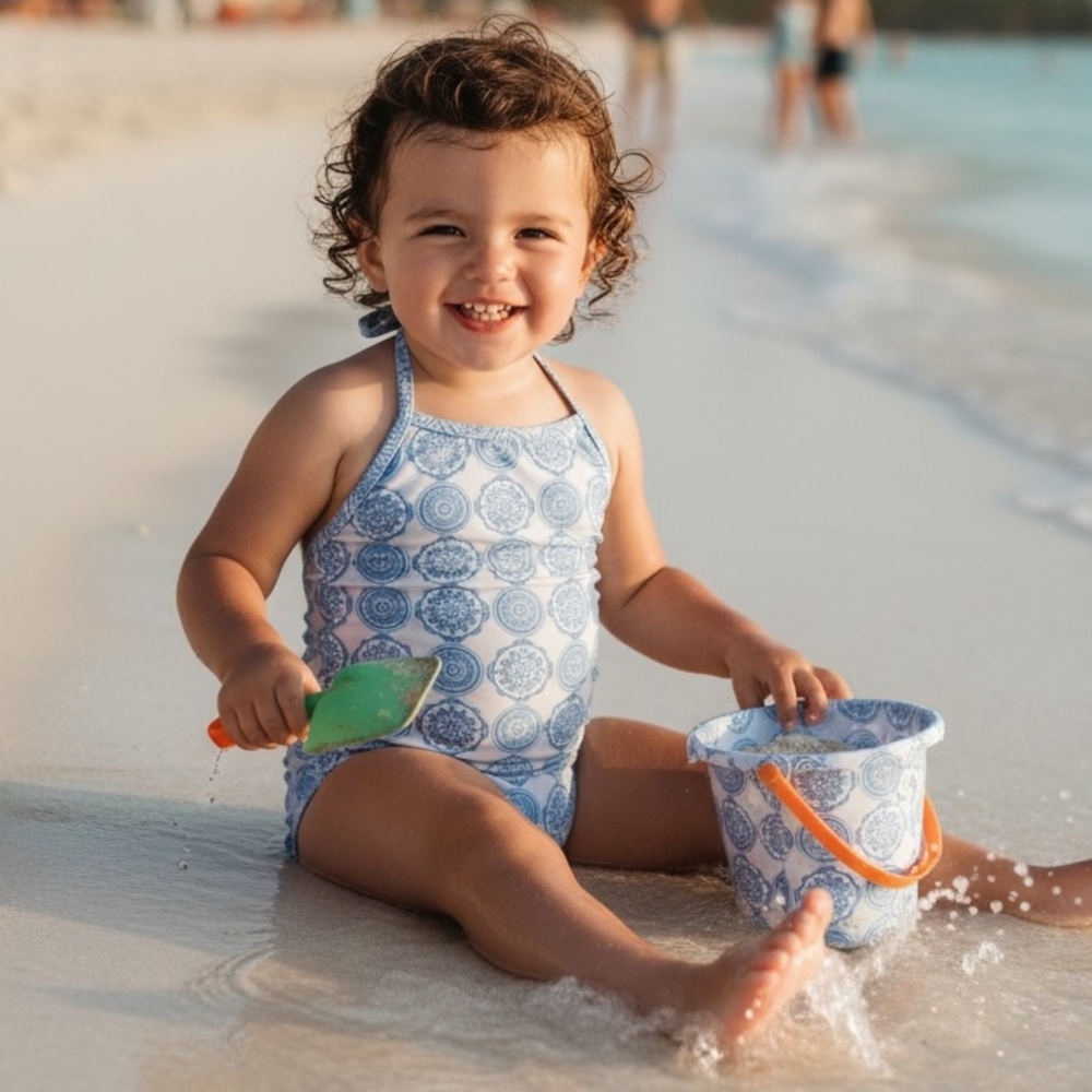 Toobydoo girl's blue and white patterned one-piece swimsuit